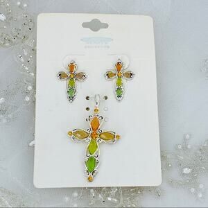 Icon Collection Pastel Rhinestone Cross Necklace and Earrings NWT